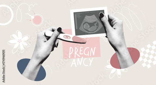 Hands holding a pregnancy test and an ultrasound image. A modern, trendy halftone vector collage. Maternity and fertility.