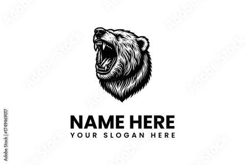 Fierce grizzly bear head roaring, depicted in a classic black and white engraving style. Powerful animal mascot vector graphic design. 75
