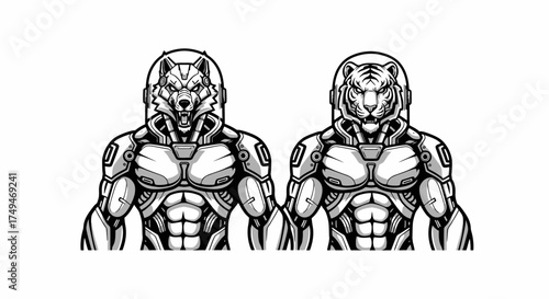 Two futuristic figures, one with a wolf head and the other with a tiger head, wearing robotic armor.