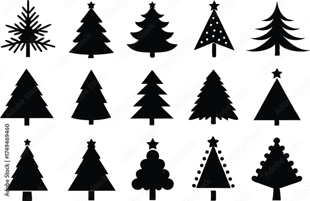 Obraz premium Christmas Tree Icons Set - Minimalist Vector Evergreen Trees for Holiday Design