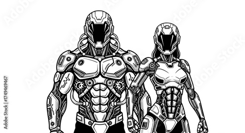 Two futuristic, armored cyborg figures stand side-by-side, a larger male figure and a smaller female figure, rendered in black and white.