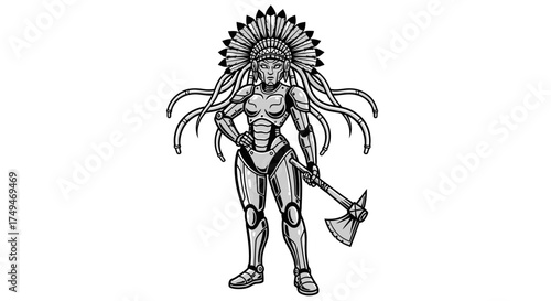 Illustration of a female cyborg warrior with a headdress holding an axe, standing in a confident pose.