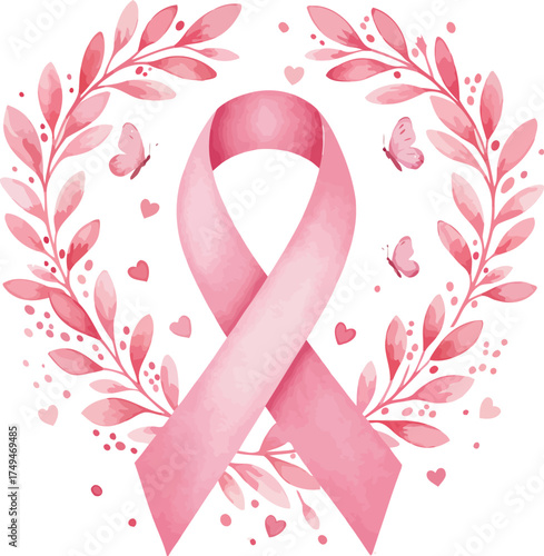 Pink ribbon surrounded by floral wreath and butterflies breast cancer awareness