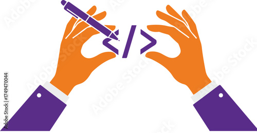 Hands assembling code snippets with a pen in a creative technology illustration
