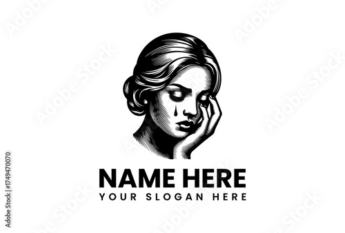 Elegant monochrome portrait of a sorrowful woman, her hand gently supporting a tear-streaked face, an emotive vintage-style illustration perfect for symbolic branding and artistic projects