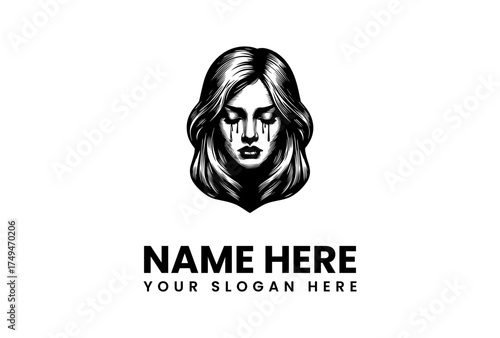 A detailed black and white logo illustration of a beautiful woman's face with closed eyes, crying dark tears. This vintage, melancholic graphic serves as a brand identity icon or design template