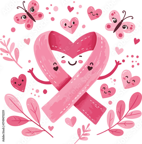 Pink ribbon heart characters celebrate breast cancer awareness month with butterflies and leaves