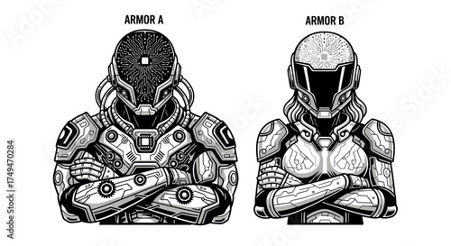 Two futuristic armor designs, labeled "Armor A" and "Armor B," featuring intricate details and robotic aesthetics, presented in a monochrome illustration.