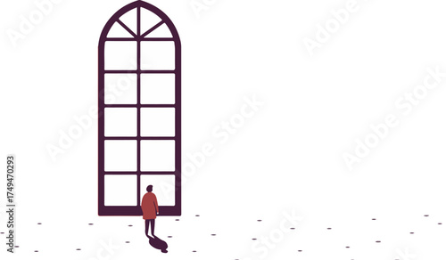 Person standing before a large window in a dark room filled with falling petals