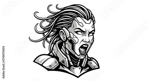 A futuristic cyborg woman with robotic enhancements, screaming with wild hair, in a black and white illustration.
