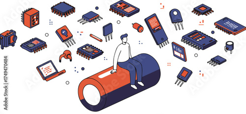 Man sits on battery surrounded by electronic components in a digital illustration