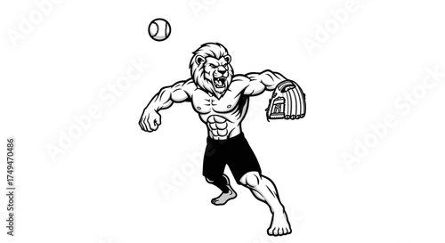Illustration of a muscular lion figure with a baseball glove, preparing to throw a ball.