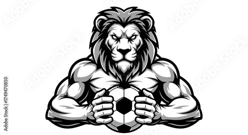 A powerful lion mascot, muscular and fierce, holding a soccer ball.