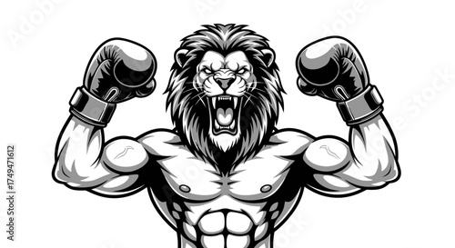A muscular lion with boxing gloves raised, roaring fiercely in a black and white illustration.