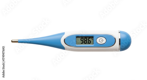 Isolated digital thermometer showing 98.6 degrees Celsius indicating fever or normal body temperature