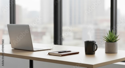 Modern Workspace: Laptop, Coffee, Plant, and Notebook on Wooden Desk.