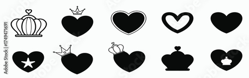 Set of black hearts, stars and crowns, logos and emblems for Valentine's Day, love symbols shapes. Vector illustration.