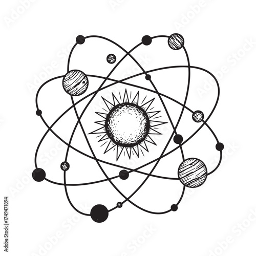 Atomic model or solar system line art illustration. Vintage scientific symbol of physics, chemistry, and astronomy, depicting orbiting planets or electrons.
