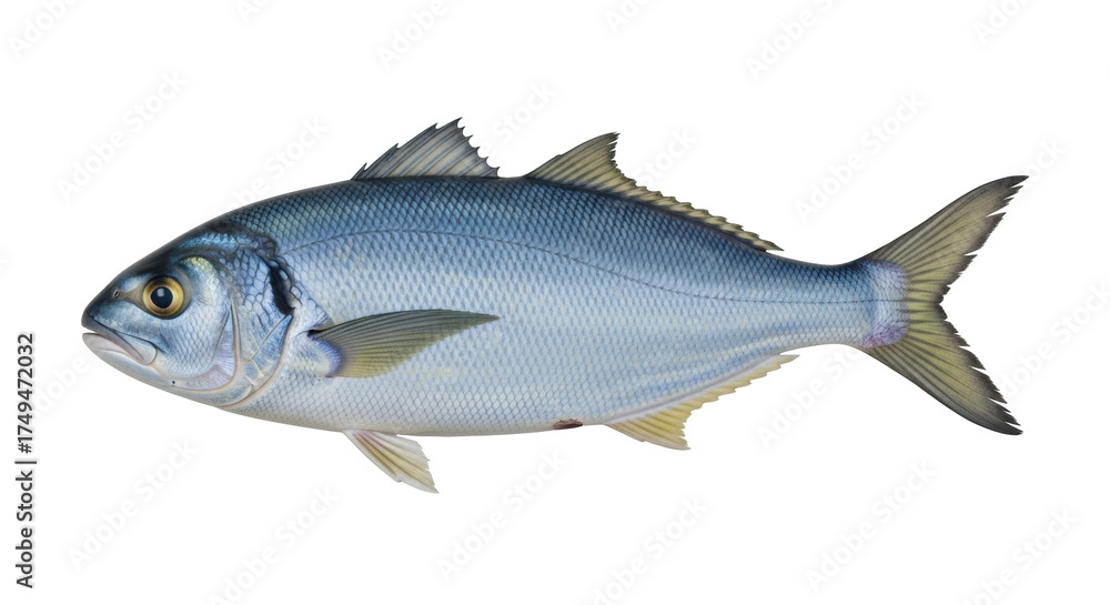 Fototapeta premium Isolated bluefish, pomatomus saltatrix, swimming underwater on the reef of ocean or sea