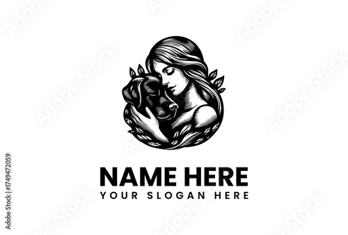 Logo featuring a serene woman embracing her loyal dog, surrounded by organic leaf elements, perfect for pet-related businesses and brands