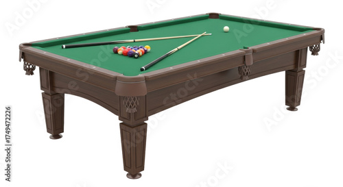 Foto Isolated pool table equipment with cue sticks and billiard balls for playing sno