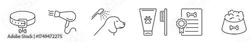 set of pet grooming lined icon collection washing teeth