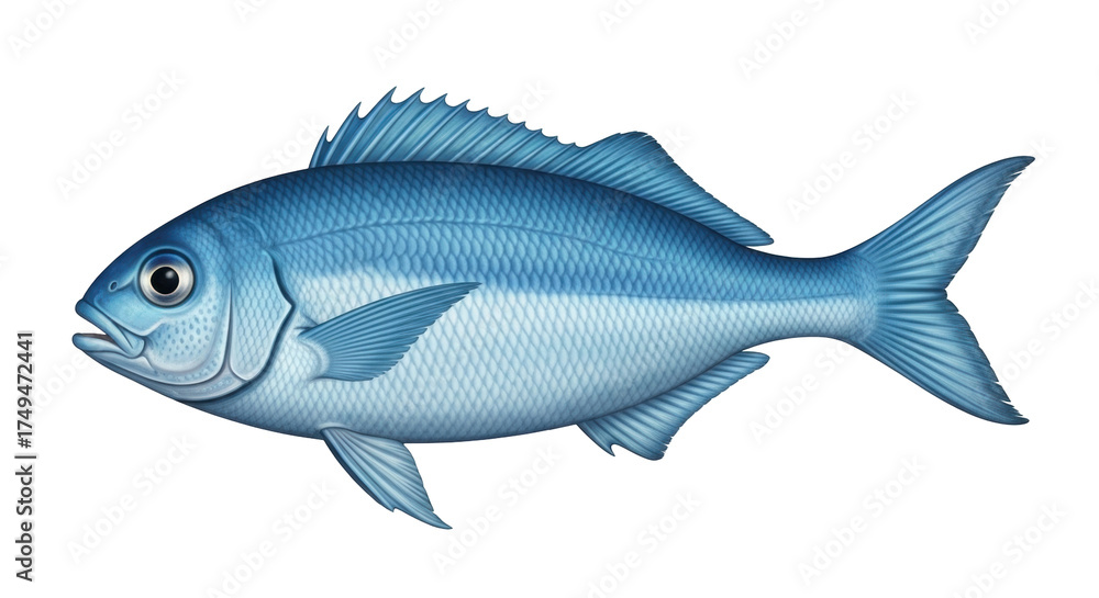 Fototapeta premium Isolated illustration of a blue fish with scales and detailed fins, aquatic marine animal