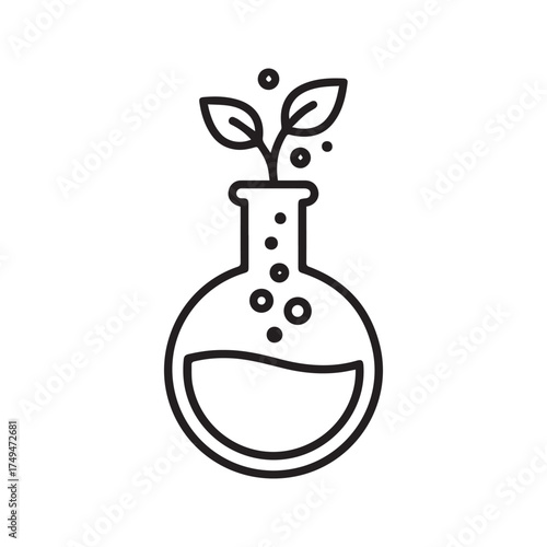 Biotechnology line icon, plant growing in a chemical flask, symbol of green science, ecology, and research.
