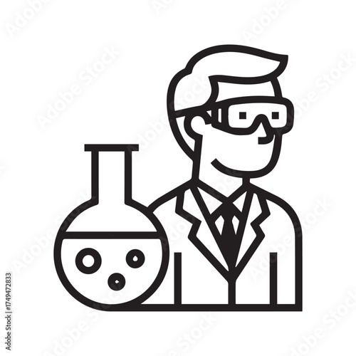 Chemist linear icon. Scientist with safety goggles holding a chemical flask for a laboratory experiment..
