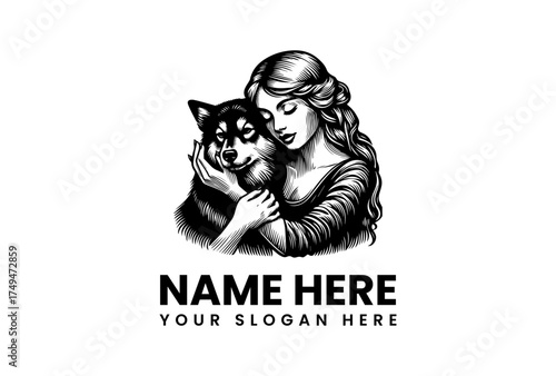 A classic black and white hand-drawn illustration of a beautiful woman affectionately hugging her loyal wolf or husky companion. 111