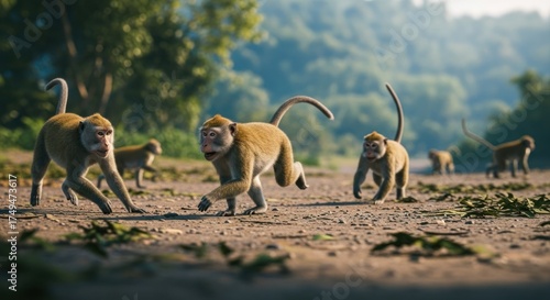 Monkey Troop on the Move: A Dynamic Wildlife Scene in Natural Habitat
