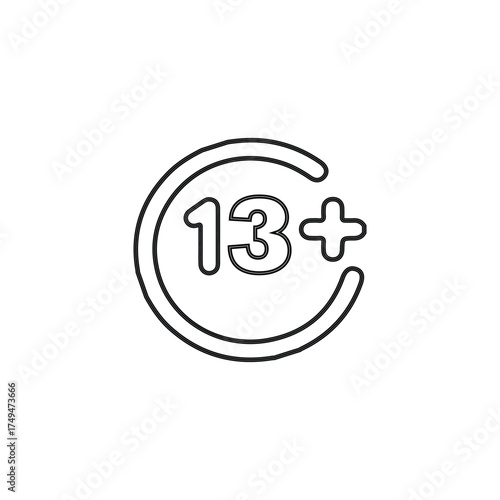 Simple Black 13+ Age Restriction Icon Line.