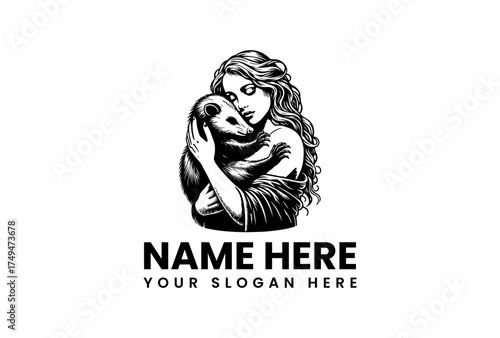 Monochrome illustration of a compassionate woman embracing a small marsupial, symbolizing wildlife protection, animal rescue, and the nurturing bond with nature. An elegant emblem design