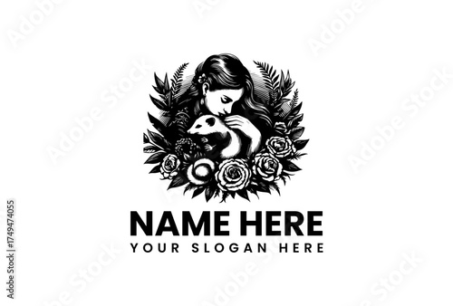 Beautifully illustrated logo featuring a woman cradling a small animal, surrounded by lush foliage and blooming roses