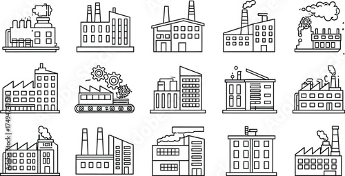 Modern industrial factory building icons with smoking chimneys and conveyor belts, symbolizing production