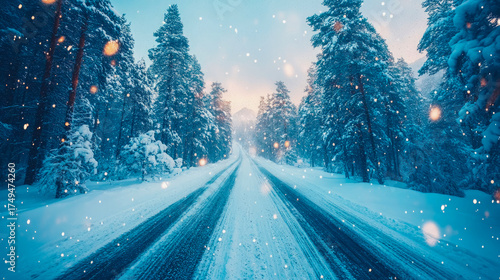 Enchanting winter journey on snow-covered road flanked by majestic pine trees and soft, glowing light during gentle snowfall