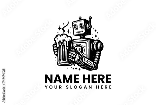 A retro cartoon robot mascot happily holding a frothy beer mug, a vintage black and white logo illustration for a craft brewery or tech pub