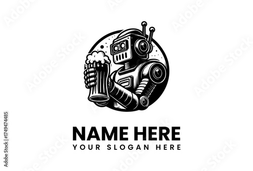 Retro Robot Enjoying a Pint of Beer Logo Design - Classic Mechanical Character with Brew Emblem