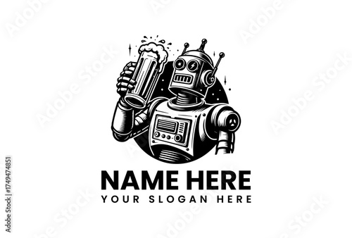 A fun retro robot mascot enjoying a frothy pint of ale. This monochrome vector graphic is an ideal logo template or emblem design concept
