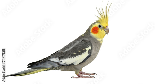 Foto Isolated cockatiel with striking yellow crest, perched serenely on a blank canva