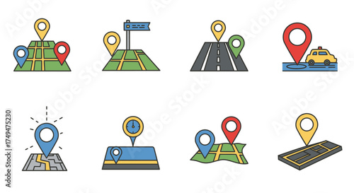 Colorful map icons depicting location points roads and travel destinations