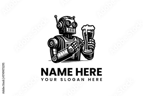 Classic Robot with Frothy Beer Mug Mascot Design for Brewery or Bar Emblems, Futuristic Beverage Concept