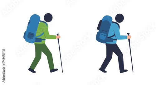 Two hikers with backpacks and trekking poles walking side by side