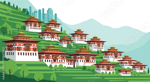 A beautiful illustration of traditional dzongs nestled on a lush green hillside with mountains in the background.
