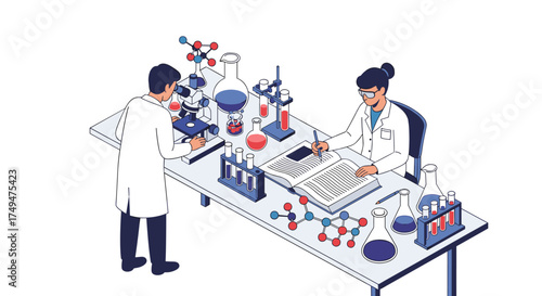 Scientists conducting a laboratory experiment with chemical molecules and equipment.