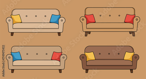 Four cartoon sofas in varying brown shades with colorful cushions