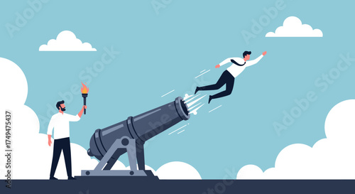 A man is launched from a cannon by a lit torch as a symbol of rapid advancement.