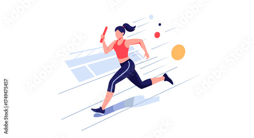 A female athlete runs a race holding a baton as part of a team sport competition.