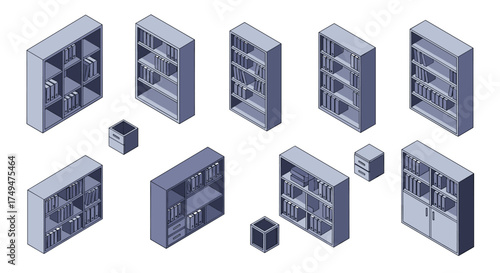 Various isometric views of different bookshelf designs with cubic storage units illustrating modular furniture arrangements.