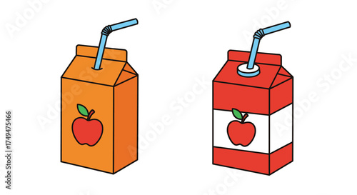 Two cartoon juice boxes with straws and apple illustrations shown